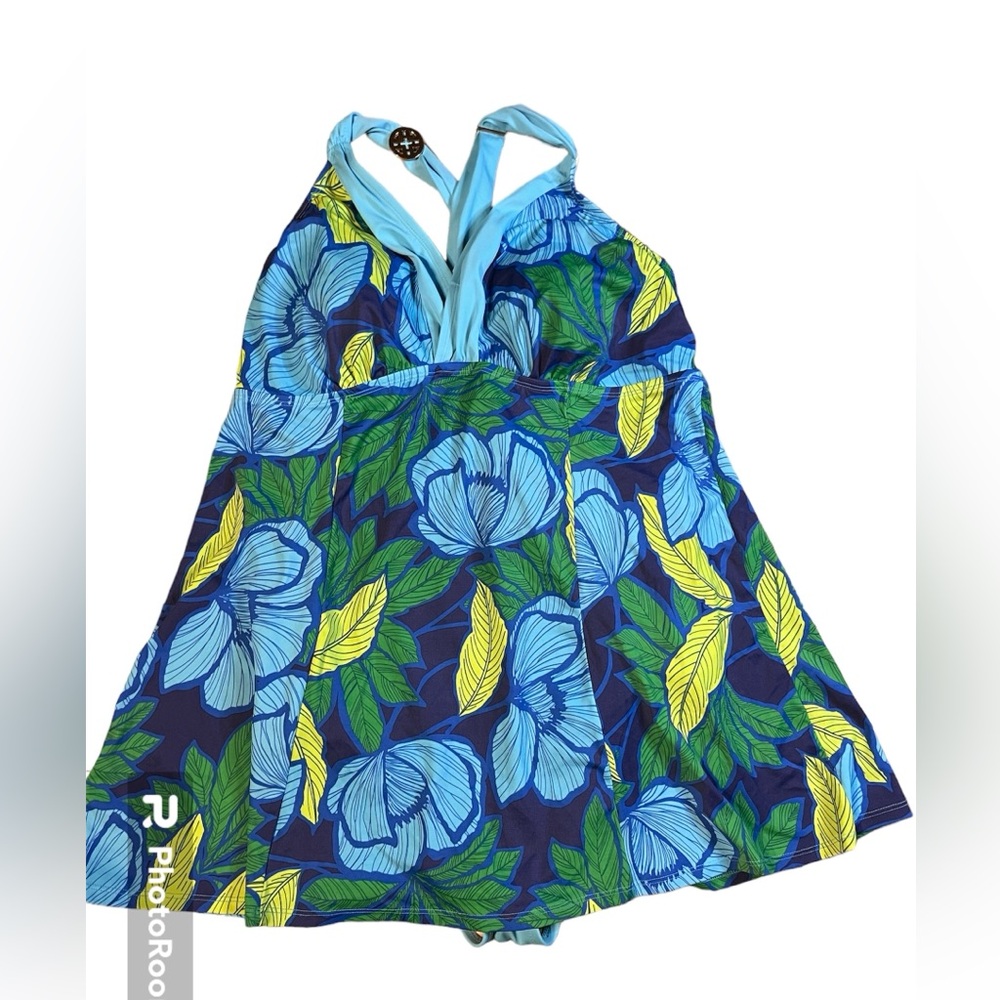 Woman’s plus size one piece blue green tropical Jaclyn Smith Swim Dress size 18w